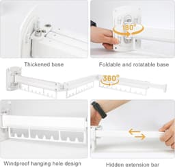 Inklapbaar Balkon Droogrek voor aan de Muur - Wit - Drievoudig Vouwbaar Wasrek voor Buiten — thumbnail 5