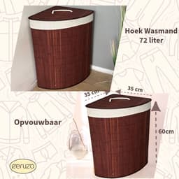 Ceruzo Bamboe Wasmand - Hoek Model - 72L - Vouwbaar - Deksel - 35 x 35 x H 60 cm- Bruin — thumbnail 3