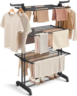 Grote droogrek, opvouwbaar droogrek voor kleding, 4-laags, verplaatsbaar droogrek, 63,5 x 128 x 173 cm, roestvrij staal, opvouwbare vleugels, binnen- en buitengebruik, inktzwart — thumbnail 4