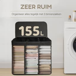 Bellettini® Bamboe Wasmand met Deksel - 3 Compartimenten Wassorteerder - 155 Liter - Zwart — thumbnail 2