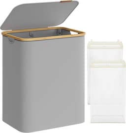 SONGMICS Wasmand met 2 vakken, 130 l, wasverzamelaar met deksel, opvouwbaar, uitneembare waszak, Oxford-weefsel, handgrepen van bamboe, inklapbaar, 52 x 38,5 x 70,5 cm, duifgrijs LCB513G01 — thumbnail 1