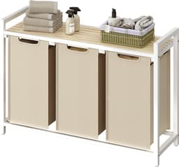 VASAGLE BLH301LH01 - Wasmand met 3 Vakken - Uittrekbare en Afneembare Waszak - Met Opbergrek — thumbnail 1