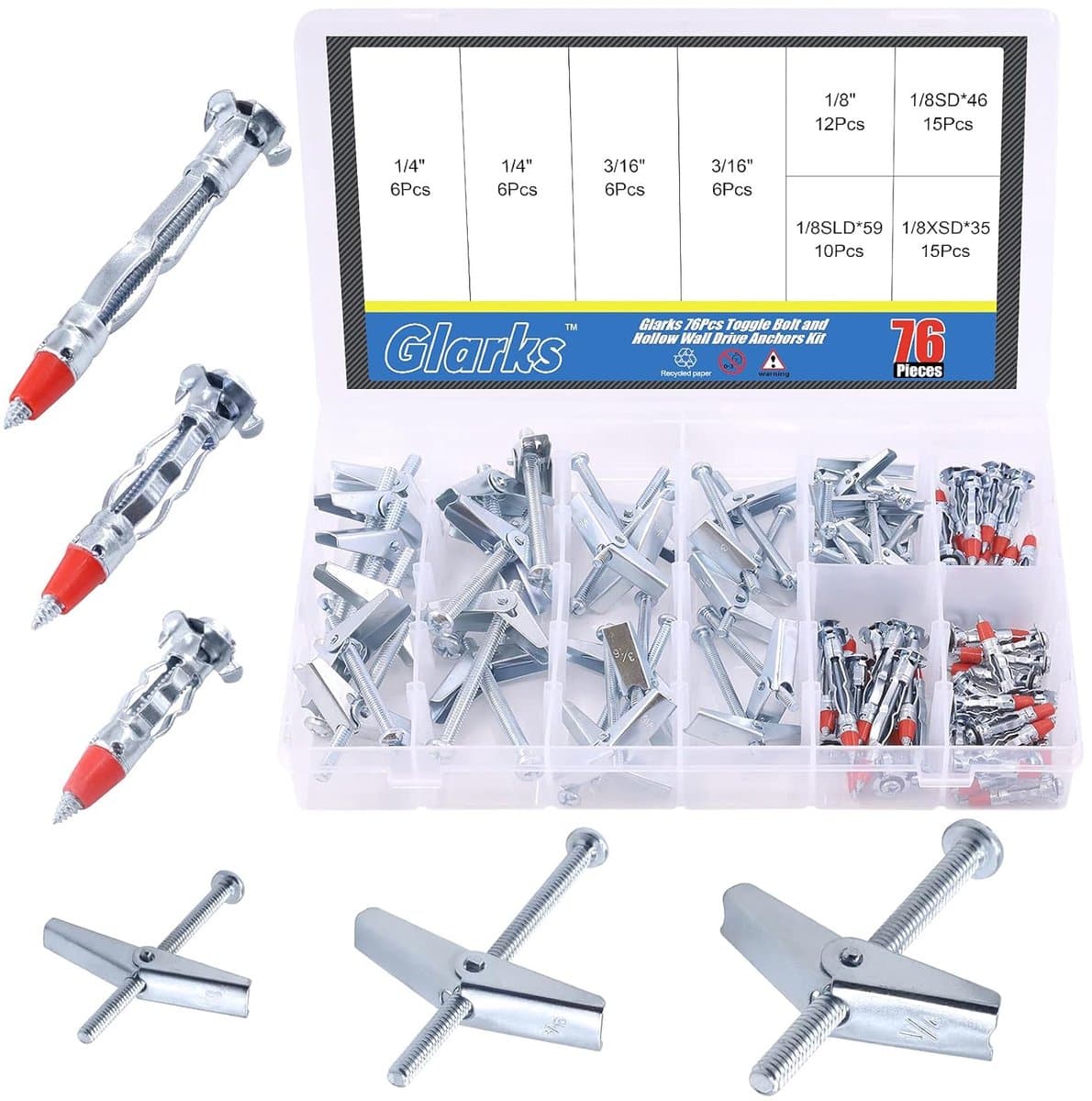 Glarks 76Pcs Toggle Bolt and Hollow Wall Drive Anchors Kit, 1/8" 3/16" 1/4" Round Head Toggle Bolts and 1/8'' 35/46/59mm Molly Bolt Drive Hollow Drive Wall Anchor Assortment Set — afbeelding 1