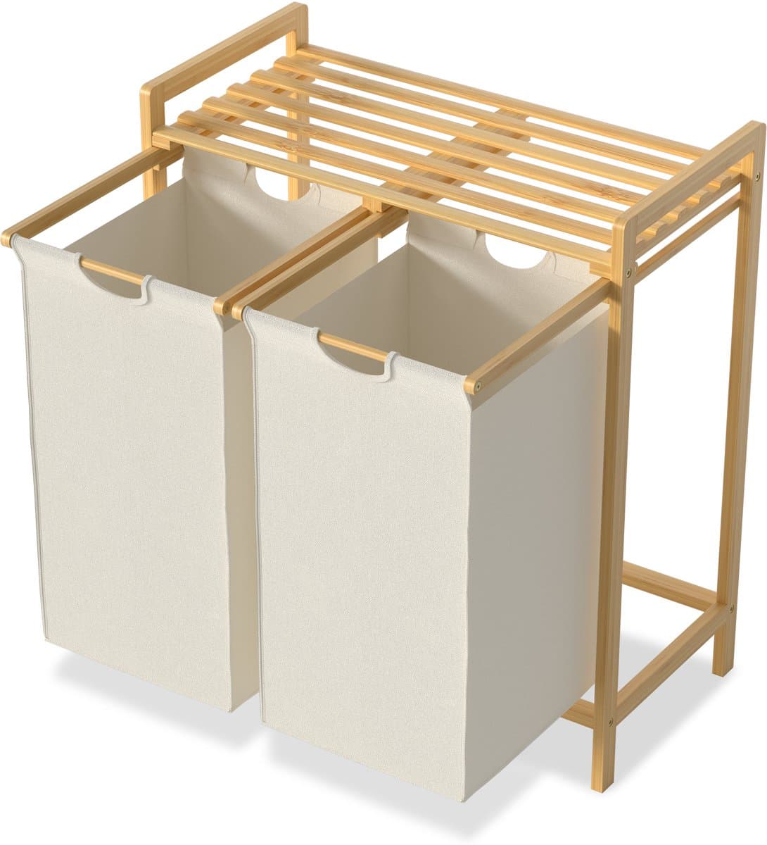 Wasmand van Oxford-weefsel, 2 x 36 liter, 2 vakken, afneembare wasverzamelaar met plank en bamboeframe, waszak, uittrekbaar, efficiënte wasopslag voor bijkeuken, beige NAIZY — afbeelding 1