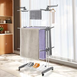4-Laags Wasrek met Draaibare Zijvleugels – Opvouwbaar Droogrek met Planken & Wieltjes – 75 x 49 x 170 cm Zwart — thumbnail 2