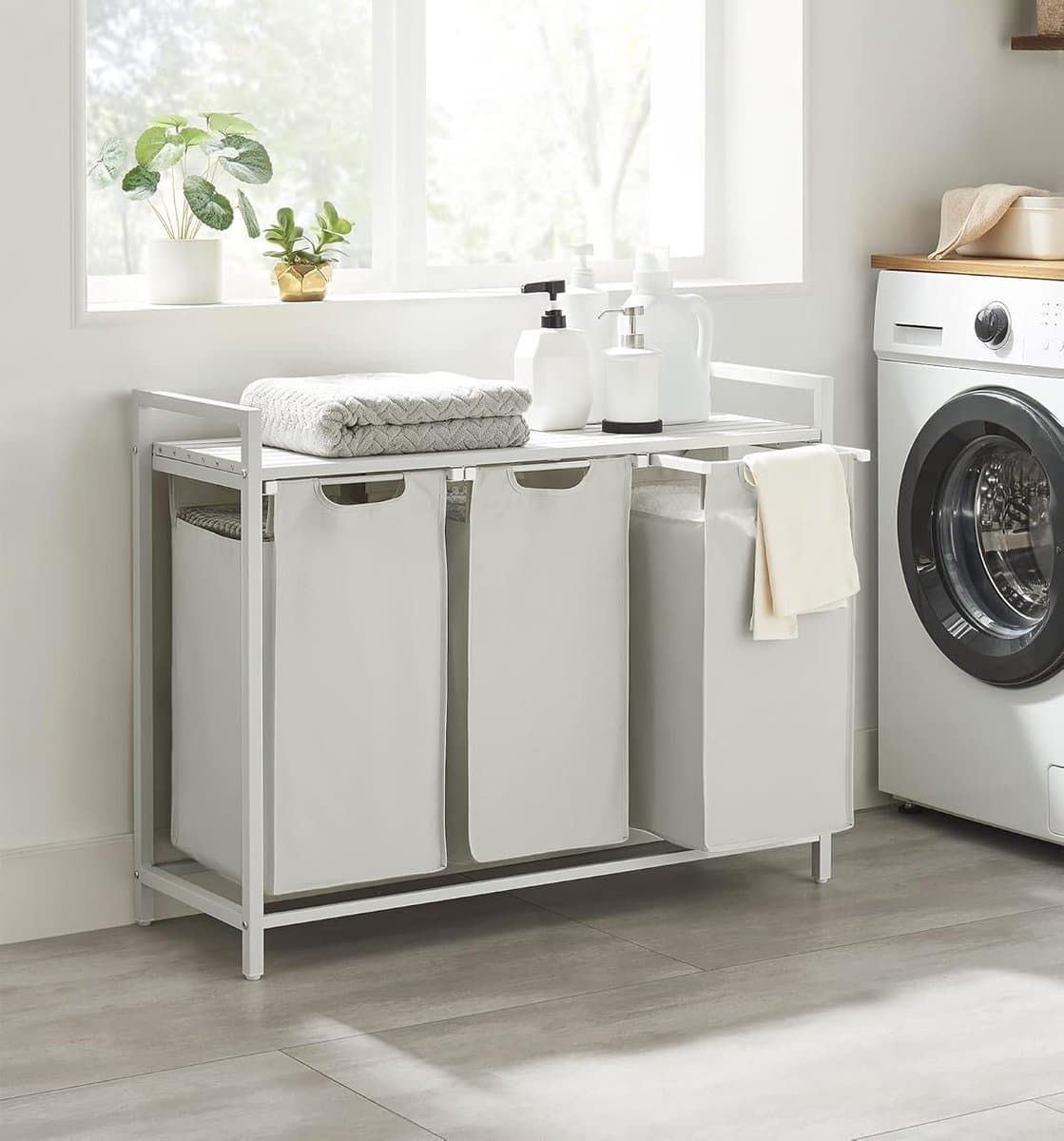Wasmand Met 3 Vakken, Uittrekbaar Wassorteerder, Afneembaar Waszak, 3 X 38L, 92,5 X 33 X 72 Cm, Wit — afbeelding 1