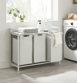 Wasmand Met 3 Vakken, Uittrekbaar Wassorteerder, Afneembaar Waszak, 3 X 38L, 92,5 X 33 X 72 Cm, Wit — thumbnail 1