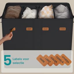 Damenzo - Wasmand - Wasmanden - Wasmand met deksel - Was sorteerder - 210L - Wasmand 4 vakken - Wasmand XXL - Wasmand zwart — thumbnail 5