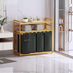 RONN® Wasmand 4 Vakken - Wassorteerder - Wasmand - Bamboe Frame - Donkergrijs - 103cm x 42cm x 101cm; 14 kg — thumbnail 5