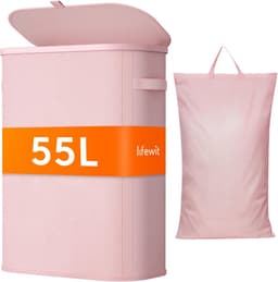 Wasmand met Deksel - Laundry Basket - Ruimtebesparend Opbergen - Verwijderbare Zakken - 55L 42x24x55cm - Roze — thumbnail 1