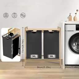 Froadp Wasmand bamboe frame 2 vakken 36 l 73 x 64 x 33,5 cm Wasmand met opbergvak Waszak Wasbox van Oxford-stof Wasbak houten waszakken voor wasruimte slaapkamer - zwart — thumbnail 2