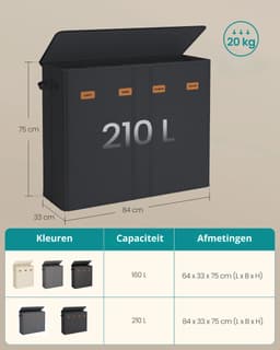 Novendo Goods – XXL Wasmand 210L met 4 vakken & deksel - Wasbox met labels, uitneembare waszak & opvouwbaar wasruimte-organizersysteem — thumbnail 3