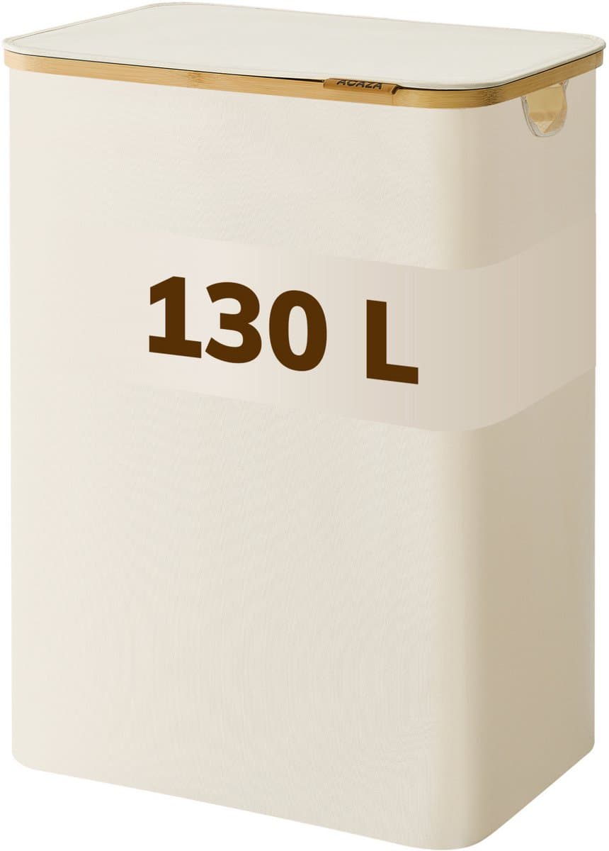 ACAZA Wasmand Met Deksel - 2 Vakken - 130 L - Bamboe - 52 x 38,5 x 70,5 cm - Beige — afbeelding 1