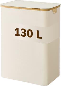 ACAZA Wasmand Met Deksel - 2 Vakken - 130 L - Bamboe - 52 x 38,5 x 70,5 cm - Beige — thumbnail 1