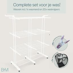 BAUER & MEYER® - Droogrek XL - Wasrek inklapbaar - Incl. 20 wasknijpers + 1x wasmand - 40 Meter drooglengte - Droogtoren Wastoren - 170 x 134 x 65 cm - Wit — thumbnail 2