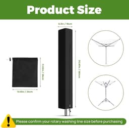 Droogmolen Hoes - 180x16x16 cm - Hoes voor Droogmolen - met rits - 210D Oxford-stof - Droogmolen Hoes Universeel - Heavy Duty Roterende Waslijn Afdekking - Waterdicht en UV-Bestendig Stofdicht, Regenbestendig - voor Tuin, Binnenplaats, Buiten - Zwart — thumbnail 5