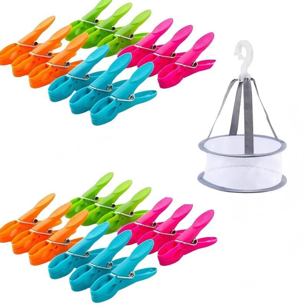 Wasknijpers - met droogmandje - zes stuks van elke kleur: groen, blauw, oranje en roze. — afbeelding 1