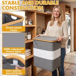 2 vakken, 102 l, XL, met deksel, opvouwbare wasmand met zijvak, uitneembare waszak, bamboerand, waterdicht, vuile wasmand voor slaapkamer, badkamer, grijs — thumbnail 2