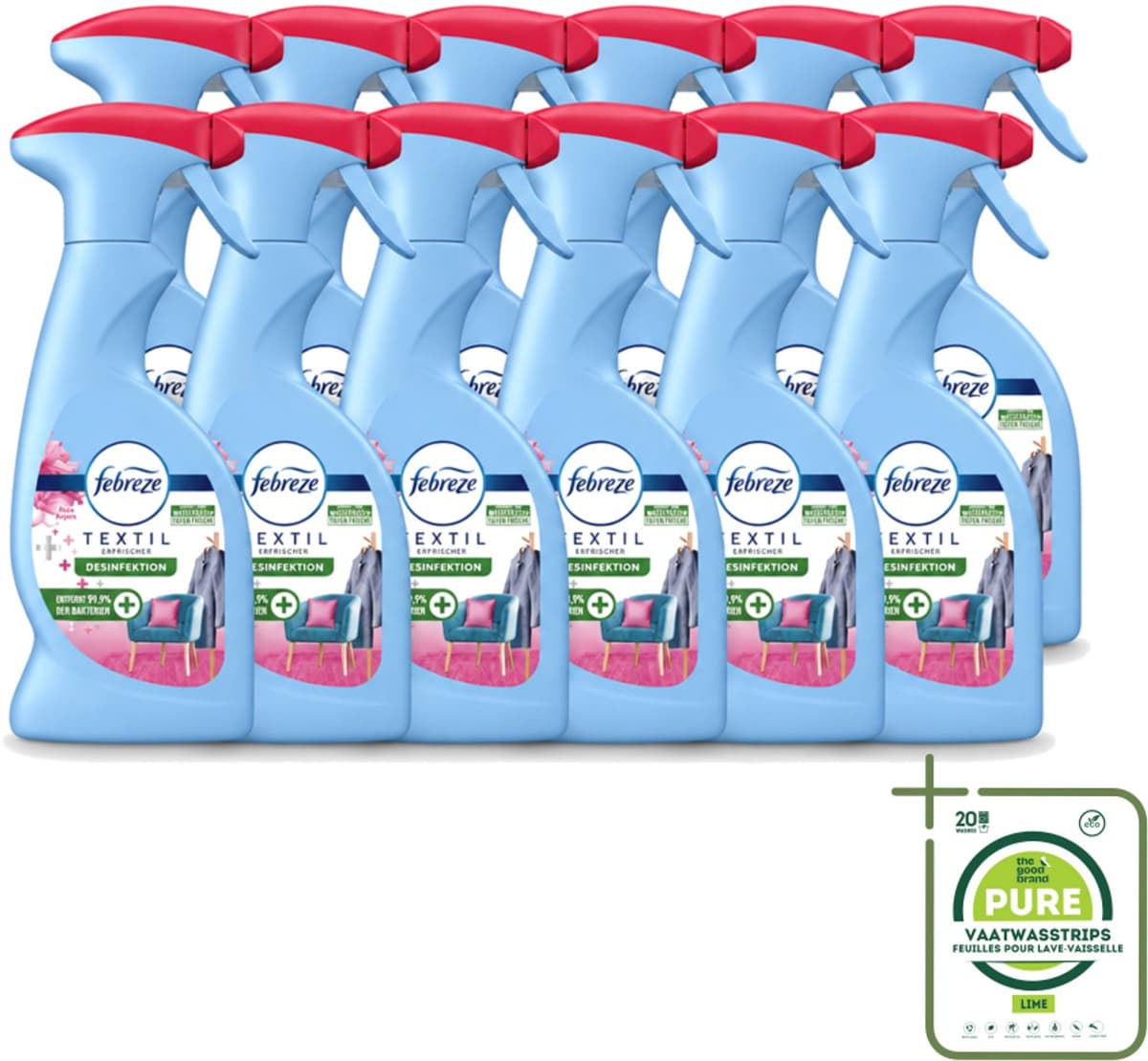 12 x Febreze – Textielspray – Roze Anjers – 375 ml - Grootverpakking - Vaatwasstrips - Textielgeur - Textielverzorging - Geurverwijdering - Textielspray - Roze Anjers — afbeelding 1