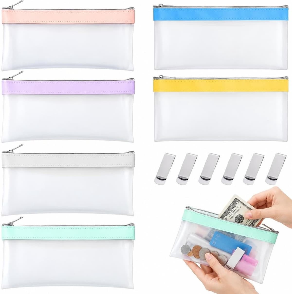 Transparante Geldzak Set van 6 - Klein - PVC Muntzakken met Rits - Voor Documenten en Cosmetica — afbeelding 1