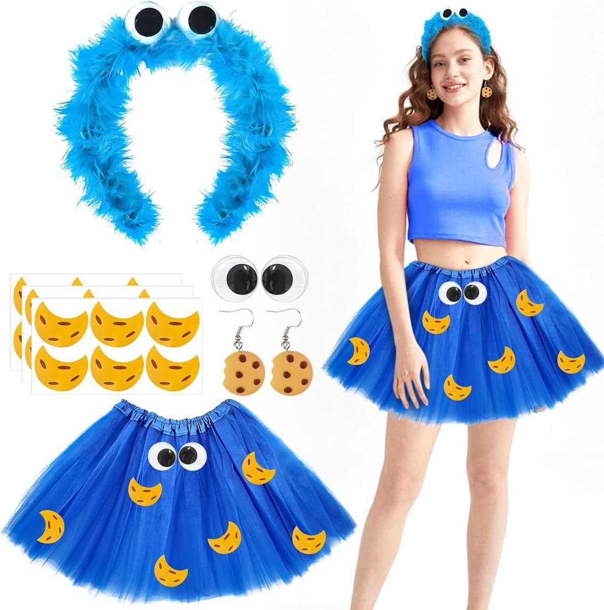 Volwassenen, meisjes, haarband met kruimelmonster + jupe in blauwe tule, voor Halloween, carnaval, cosplay — afbeelding 1