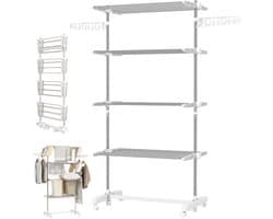 Mobiel wasrek - Wasrek met wielen - Mobiel Wasrek met 6 Wielen - Wit/Zilver RVS - 142x55x172 cm - Vouwbaar en Verstelbaar - Met Sokkenclips
