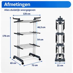 Noventra inklapbaar wasrek-wasrek staand-wasrek-op wielen-max 40 kg draagvermogen- 72/125 x 65 x 176 cm-ijzer-zilvergrijs- — thumbnail 2