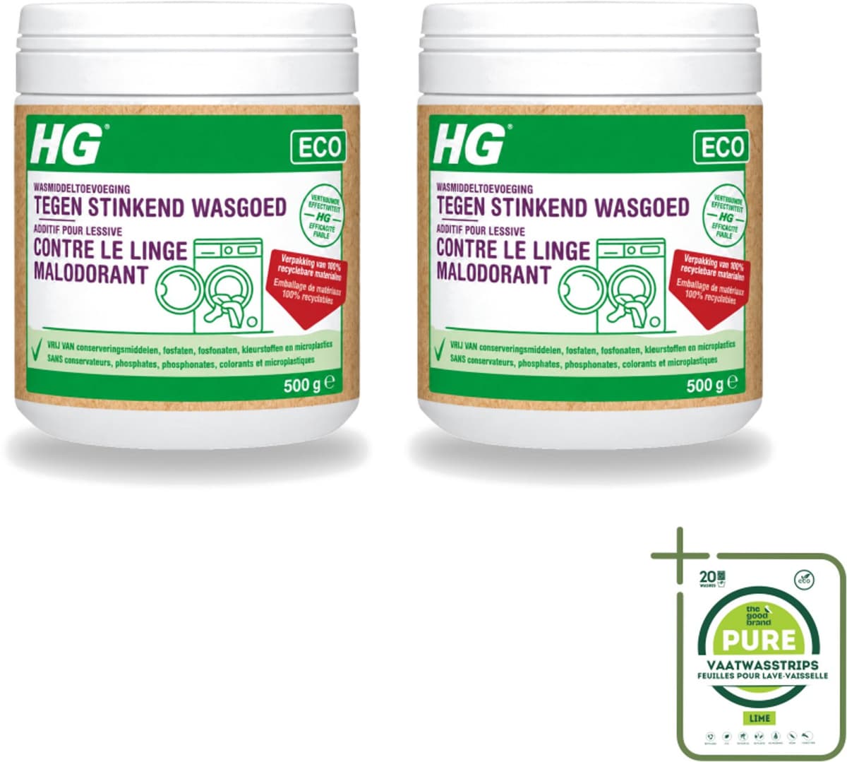 2 x HG ECO - Wasmiddeltoevoeging Tegen Stinkend Wasgoed - Effectieve Formule - 16 Wasbeurten - 500 g - Grootverpakking - Vaatwasstrips - Wasmiddel - Stankmoleculen - Wasgoed - Wasmiddeltoevoeging - Stinkend Wasgoed — afbeelding 1