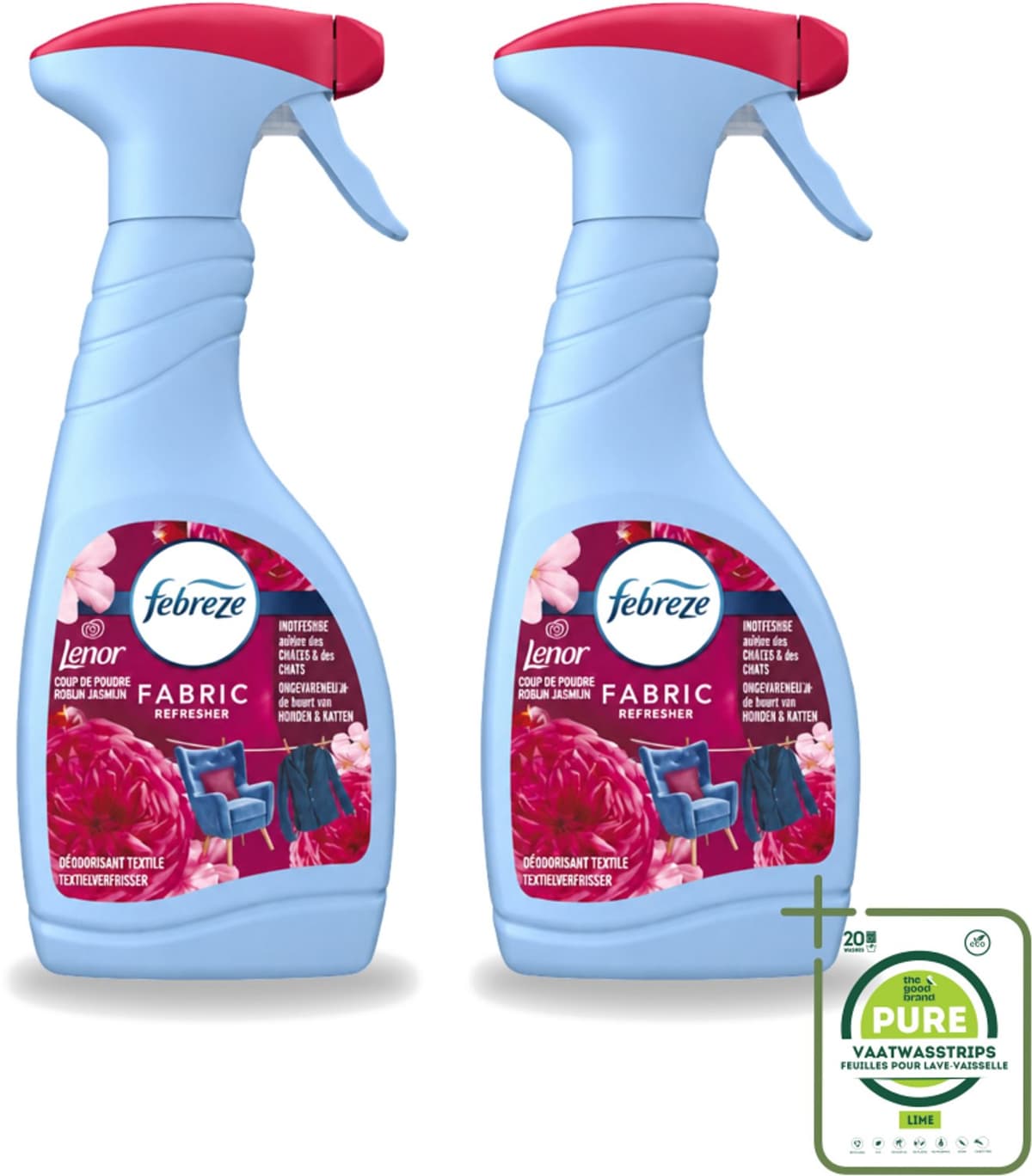 2 x Febreze – Textielspray – Robijn Jasmijn – 500 ml - Grootverpakking - Vaatwasstrips - Textielverfrisser - Textielgeur - Geurverwijdering - Jasmijngeur - Robijngeur — afbeelding 1