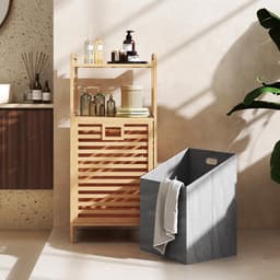 COSTWAY Badkamerrek met wasmand, bamboe plank, badkamerkast met 2 planken en uitklapbare mand van stof, wasverzamelaar voor badkamer, bijkeuken, natuur, 43,5 x 33 x 96 cm — thumbnail 5