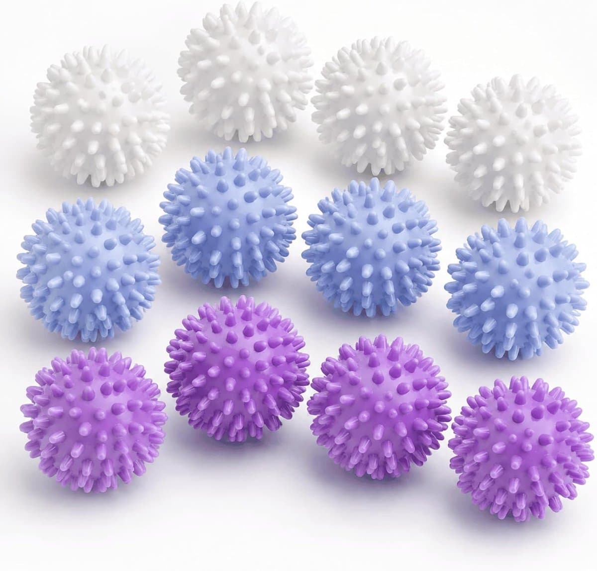 12 wasballen voor droger, herbruikbare wasballen voor droger en wasmachine, vervanging voor wasverzachter, anti-pilling, sneller drogen voor donsjacks en kleding (wit, blauw, paars) — afbeelding 1