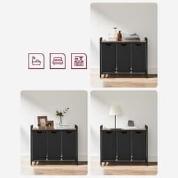 Wasmand Wasgoedmand 87,7 x 33 x 72 cm Zwart+bruin 3 vakken van 40 L voor gescheiden opbergen Met verstelbare poten, uittrekbare en afneembare binnenzak, zijvak en roosterplank Gemakkelijk te monteren en reinigen Geschikt voor wasruimte en badkamer — thumbnail 5