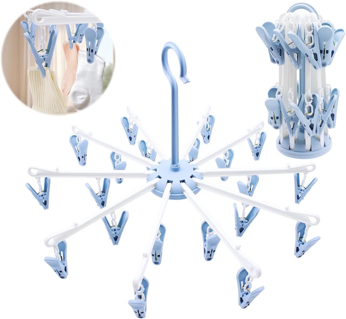 2 stuks - inklapbaar droogrek voor sokken Inklapbaar droogrek met 40 knijpers – compact droogrek voor sokken en ondergoed - blauw - Sokkendroger - Sokken Hanger - Beha's - bh's - Wasrek inklapbaar - Droogcarrousel - Klein Wasrekje - voor op reis — afbeelding 1