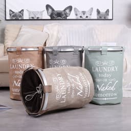 Ronde Wasmand met deksel- 50 L - Tekst LAUNDRY TODAY OR NAKED TOMORROW - Badkamer wasmand afsluitbaar - Waszak - Beige — thumbnail 2