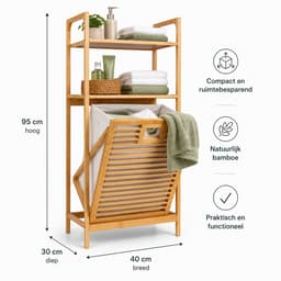 HEM Bamboe Badkamerrek met Wasmand 40x30x95 cm - Wasmandrek met 2 Opbergplanken - Badkamer Organizer - Inclusief Microvezeldoekje — thumbnail 3