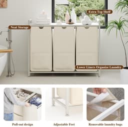 Wasmand 3 Vakken Wit – Wassorteerder met Opbergplank – Metalen Frame met MDF – 92,5x33x72 cm – Uitneembare Zakken – Moderne Wassorteerder voor Badkamer, Slaapkamer en Hal — thumbnail 4