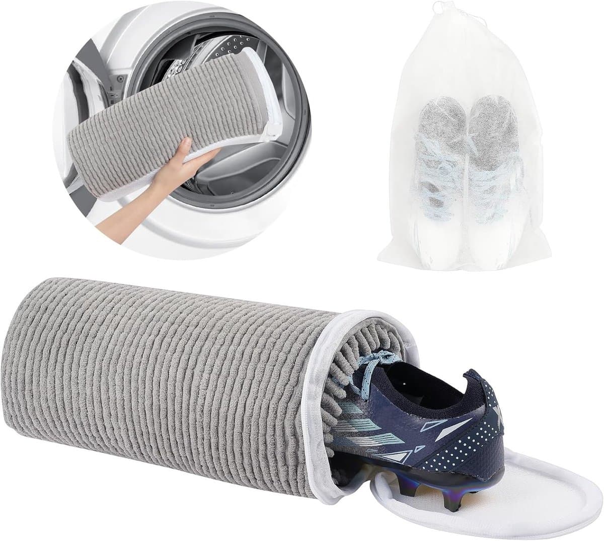 Chenille Schoenwaszak in Cilindervorm, Donkergrijs, Ideaal voor Schoenen, Reizen en Kamperen, Met Ingebouwde Haar, Fluffy Mesh en Onzichtbare Rits — afbeelding 1