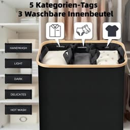 Wasmand met 3 Vakken - Grijs - 180 Liter - Opvouwbare Wasmand met Deksel en Schoenenwaszak - Voor Eenvoudige Organisatie van Wasgoed — thumbnail 5