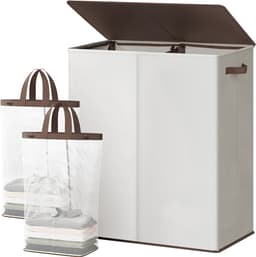 JCP® Wasmand - 145L - Wasmand 2 Vakken - Wasmand met Deksel - Gebroken Wit - 58cm x 38cm x 67cm — thumbnail 1