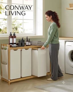 Conway Living® Wasmand 4 vakken – wassorteerder - wasmanden - wasbox - wasmand hout - wasmand - wasmanden bruin - 200 liter - 4 x 50 L - 4 zakken - uitschuifbaar met plank - 125 x 33 x 78 cm — thumbnail 4