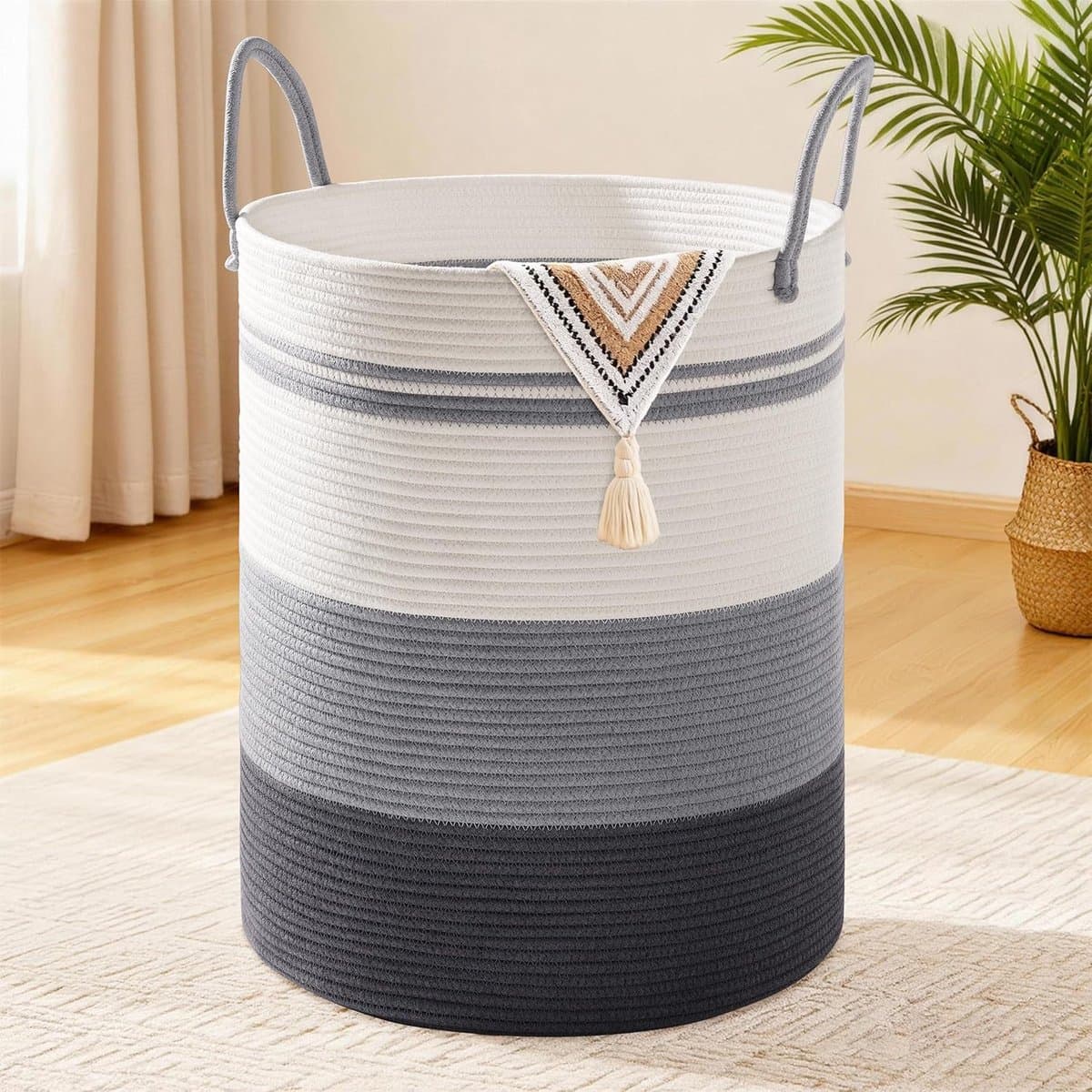 Katoenen Touw Wasmand Extra Groot 45.5cm x 61cm - Opvouwbare Opbergmand met Handvat - Voor Wasgoed, Dekens en Speelgoed - 100L Verloop grijs — afbeelding 1