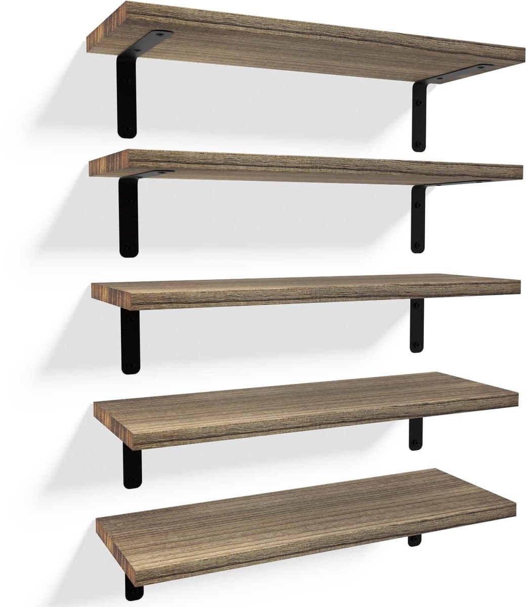 HOUSE Zwevende wandplanken, rustieke houten badkamerplanken, set van 5, boerderijstijl zwevende plank voor wanddecoratie, hangende planken voor slaapkamer, opslag, keuken, woonkamer - bruin — afbeelding 1
