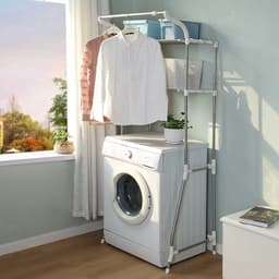 Opbergplank Boven de Wasmachine Toilet Opbergrek 2 Planken Badkamer Ruimtebespaarder Wasruimte Organizer met Ophangstang, Eenvoudige Montage, Verstelbare (62-101) x 173 x 48 cm, Ivoor — thumbnail 4