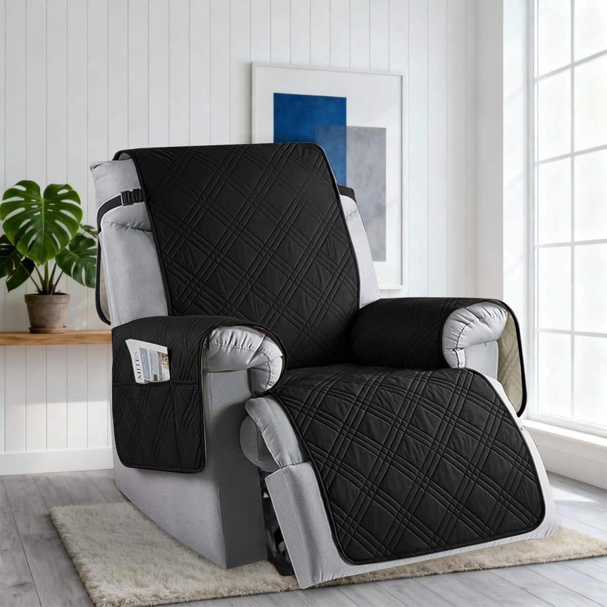 Verstelbare Stoelhoes met Opbergzakken, Rekbare Bescherming voor Relaxfauteuil met Armleuningen, Zwart, Ideaal voor Woonkamer en TV-kamer — afbeelding 1