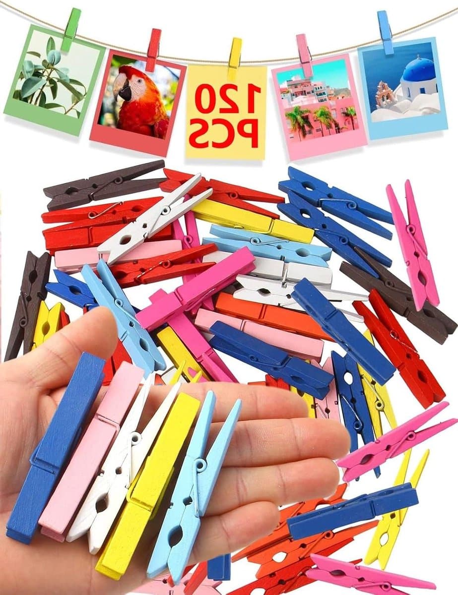 Mini Houten Knijpers - Kleine Klemmen - Foto Decoratie - Natuurlijk Hout - 120 Stuks - Kleurrijk — afbeelding 1