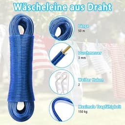 50 m extra sterke waslijn - outdoor waslijn met 2 haken - staalkern en kunststof coating - scheurbestendig en roestvrij - draagbare sterke waslijn voor thuis en kamperen — thumbnail 5