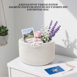 Braadmand voor opbergen van kleding - kleine gevlochten opbergmand - wasmand rond - katoenen mand voor badkamer en speelgoed - d 24 × h 18 cm (wit) — thumbnail 5