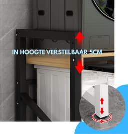 Livista Wasmachinerek - Wasmachine kast - Badkamerrek – Ruimtebesparende Wasmachine Organizer – Stalen Frame – 3 Hoogtestanden – Water-, Kras- en Hittebestendig Werkblad – Antislip Voetjes – Uitschuifbare Hangstang - 200 kg Draagvermogen - Zwart/Hout — thumbnail 3