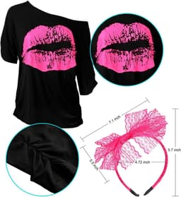 jaren 80 Kostuum Accessoires Set, Lips Print T-Shirt Kant Hoofdband Oorbellen Ketting Armband voor 80s Thema Party (Rose Red, L) — thumbnail 5