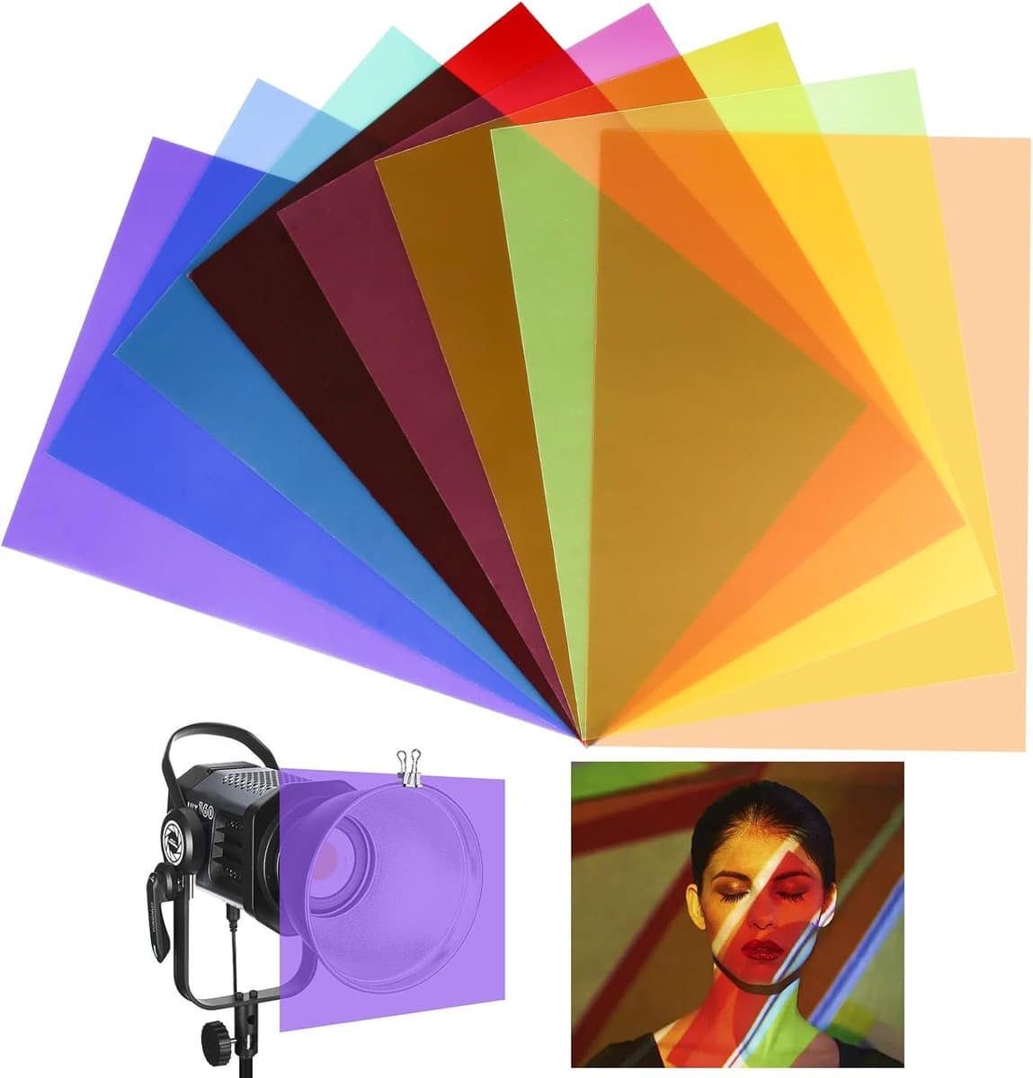8 stuks folie hittebestendig voor lampen, 8 kleuren kleurfolies gel, A4 transparante kleurfolie voor ledlampen, kleurfilterfolie voor fotolamp, koplamp, fotostudio stroboscoop (21 x 29,7 cm) — afbeelding 1